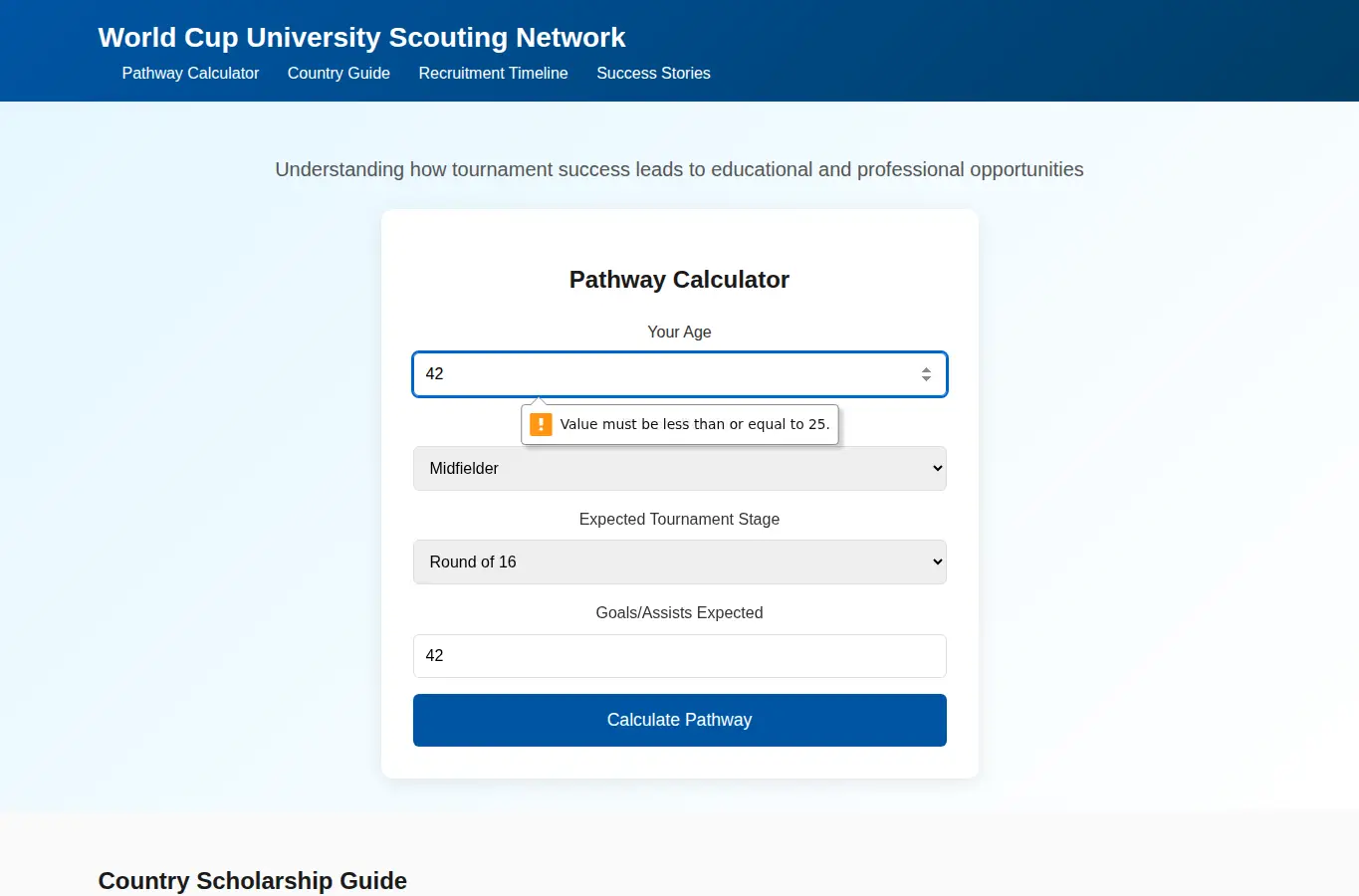 Screenshot of World Cup University Scouting Network interface showing the project page in use